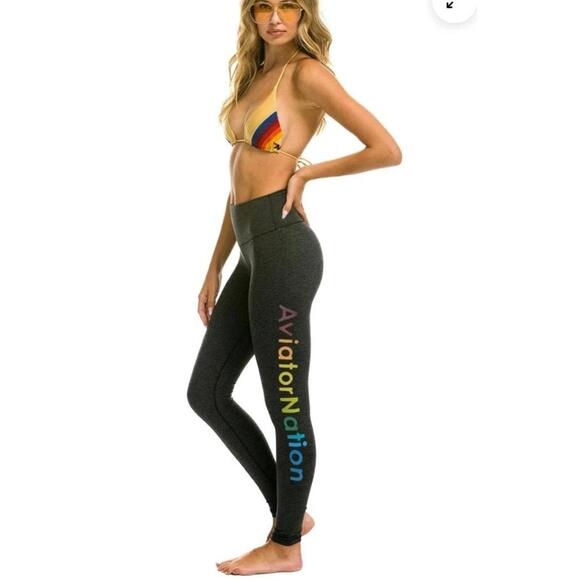 Nwt! AVIATOR NATION Rainbow leggings Heather's Frey Side Spellout Logo Comfort M